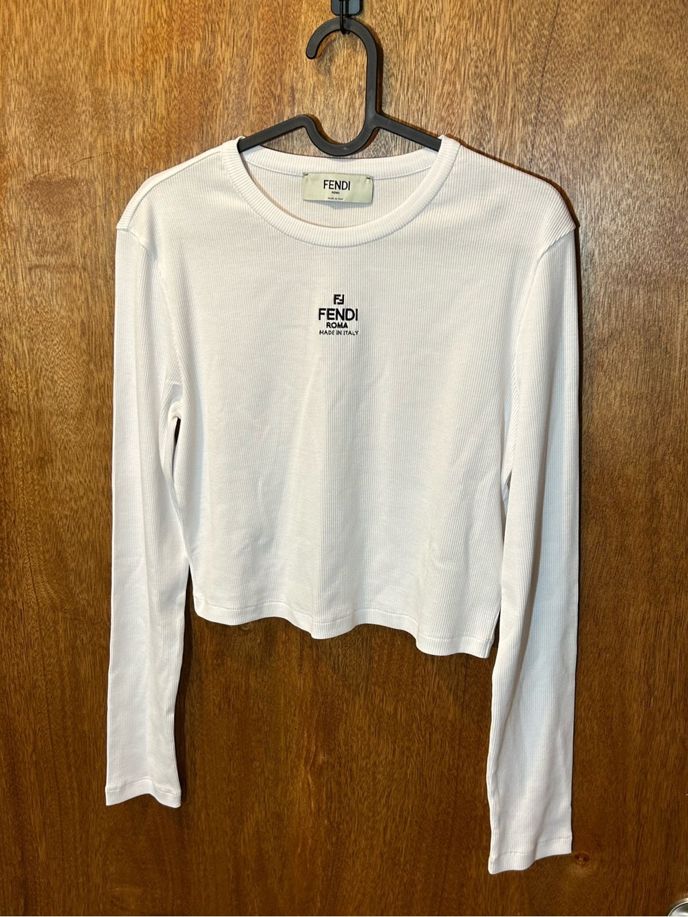 Fendi White Ribbed Long-Sleeve Cropped Tee with Center Logo